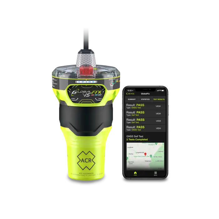 ACR GlobalFix V5 AIS EPIRB with RLS & NFC with smartphone and app beside it