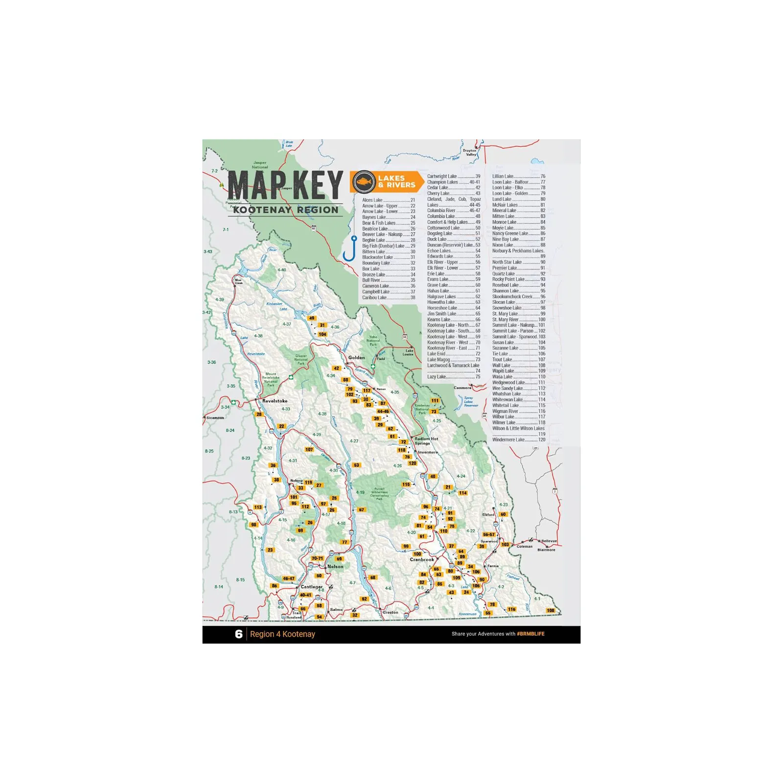 Kootenay Region BC Fishing map key page