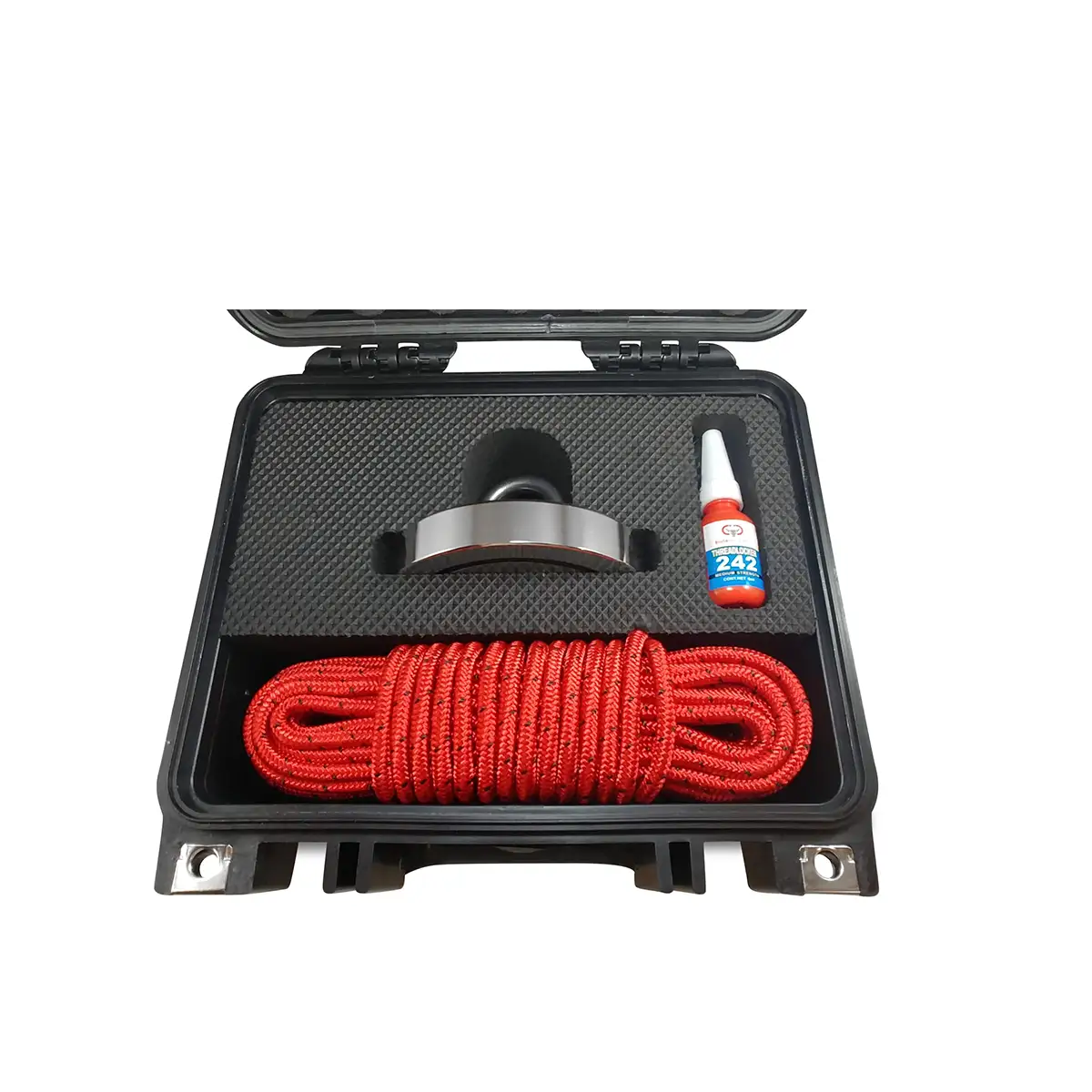 Brute Box Double Sided 1,200lb Magnet Fishing Bundle inside case close up