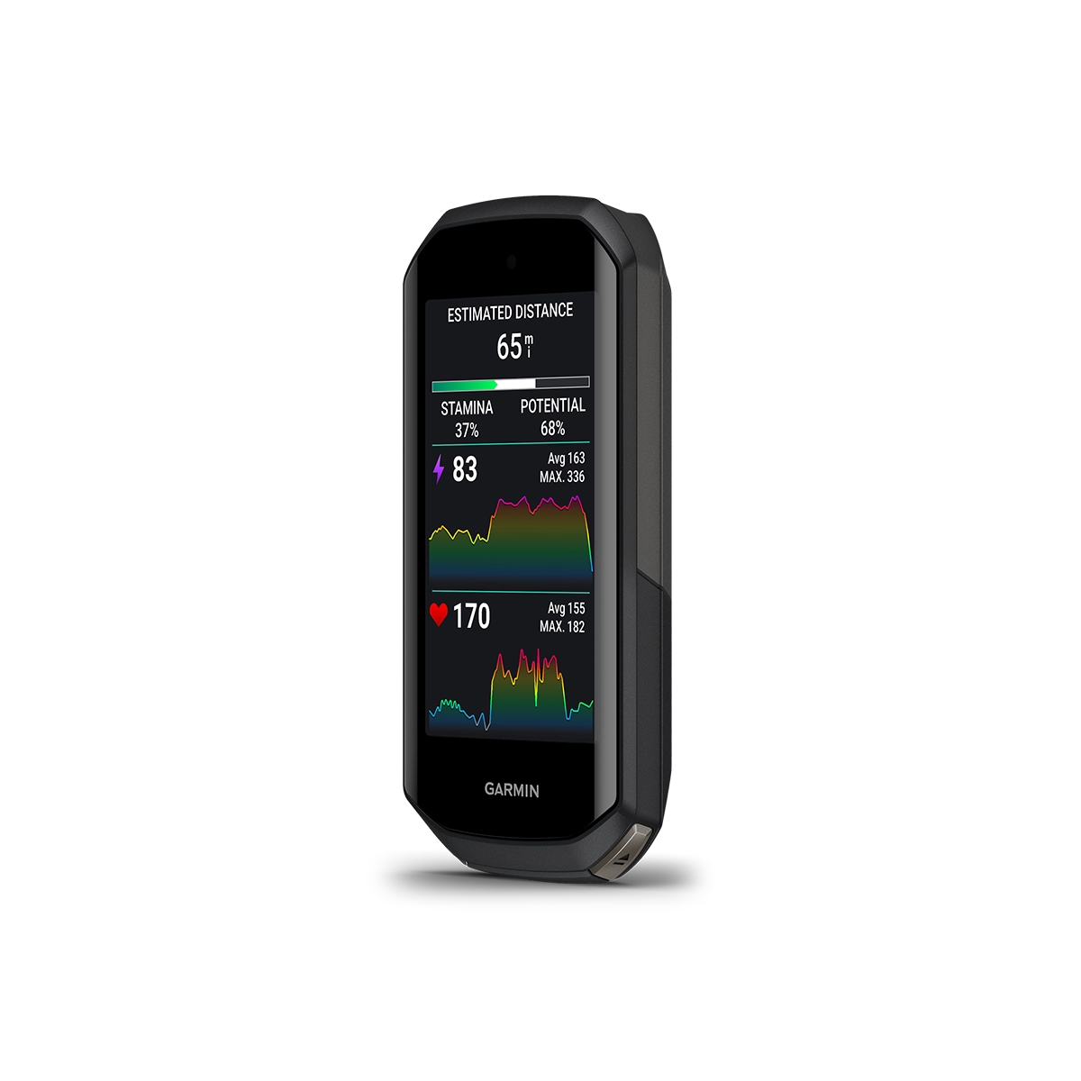 Garmin Edge 1050 cycling computer left angled view of estimated distance, stamina, and potential performance metrics