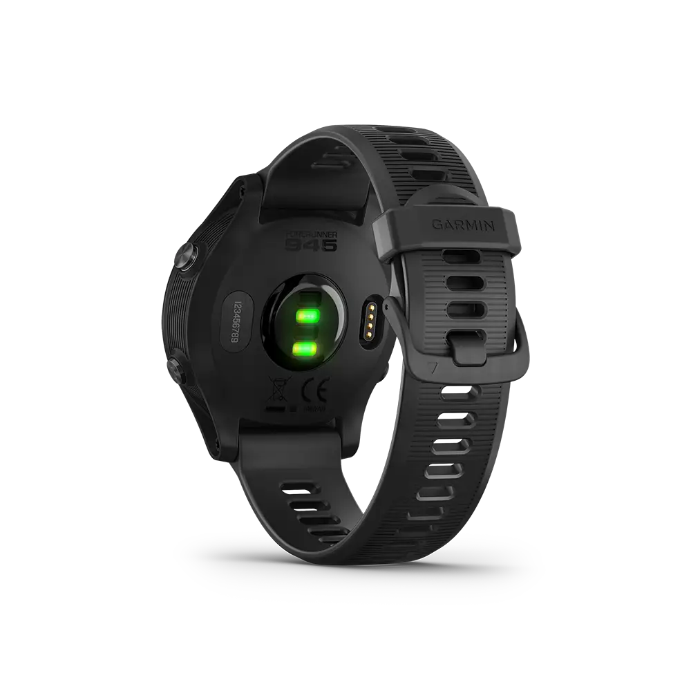 Garmin Forerunner 945 in black back view with heart rate monitor