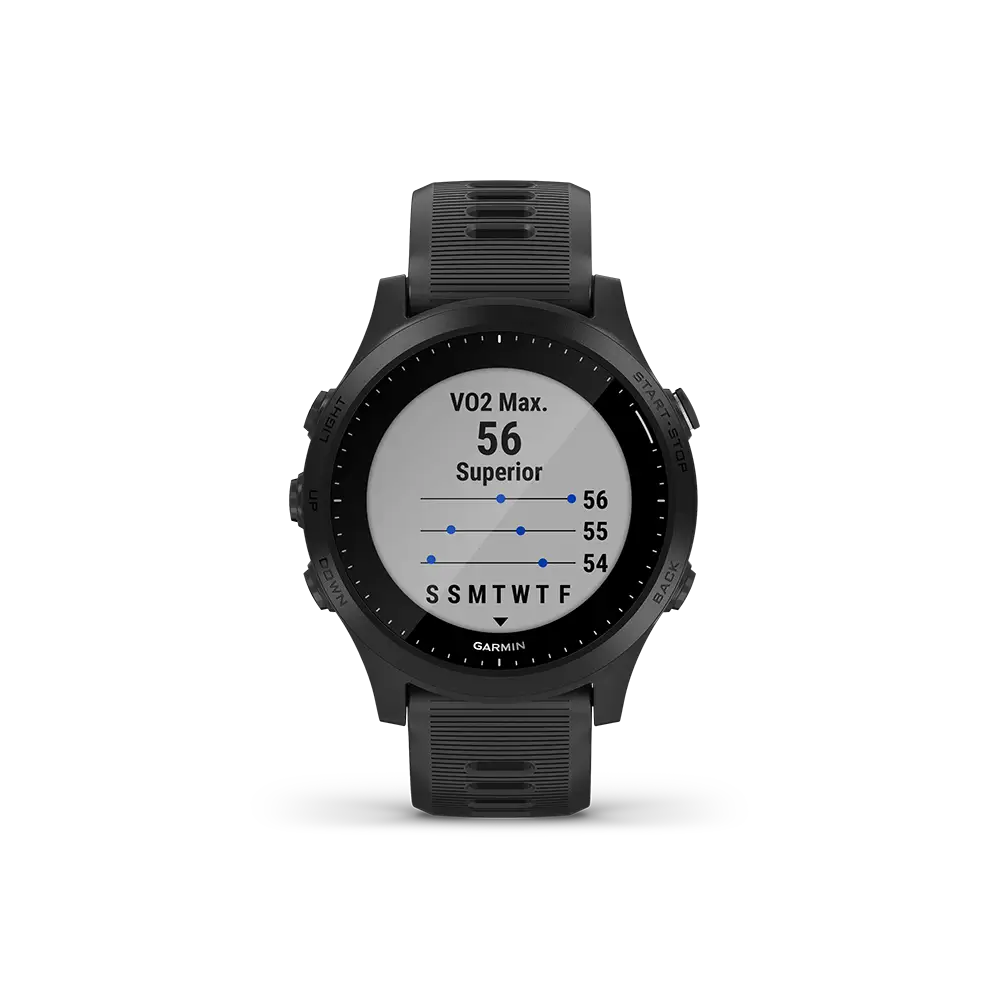 Garmin Forerunner 945 in black with VO2 max page