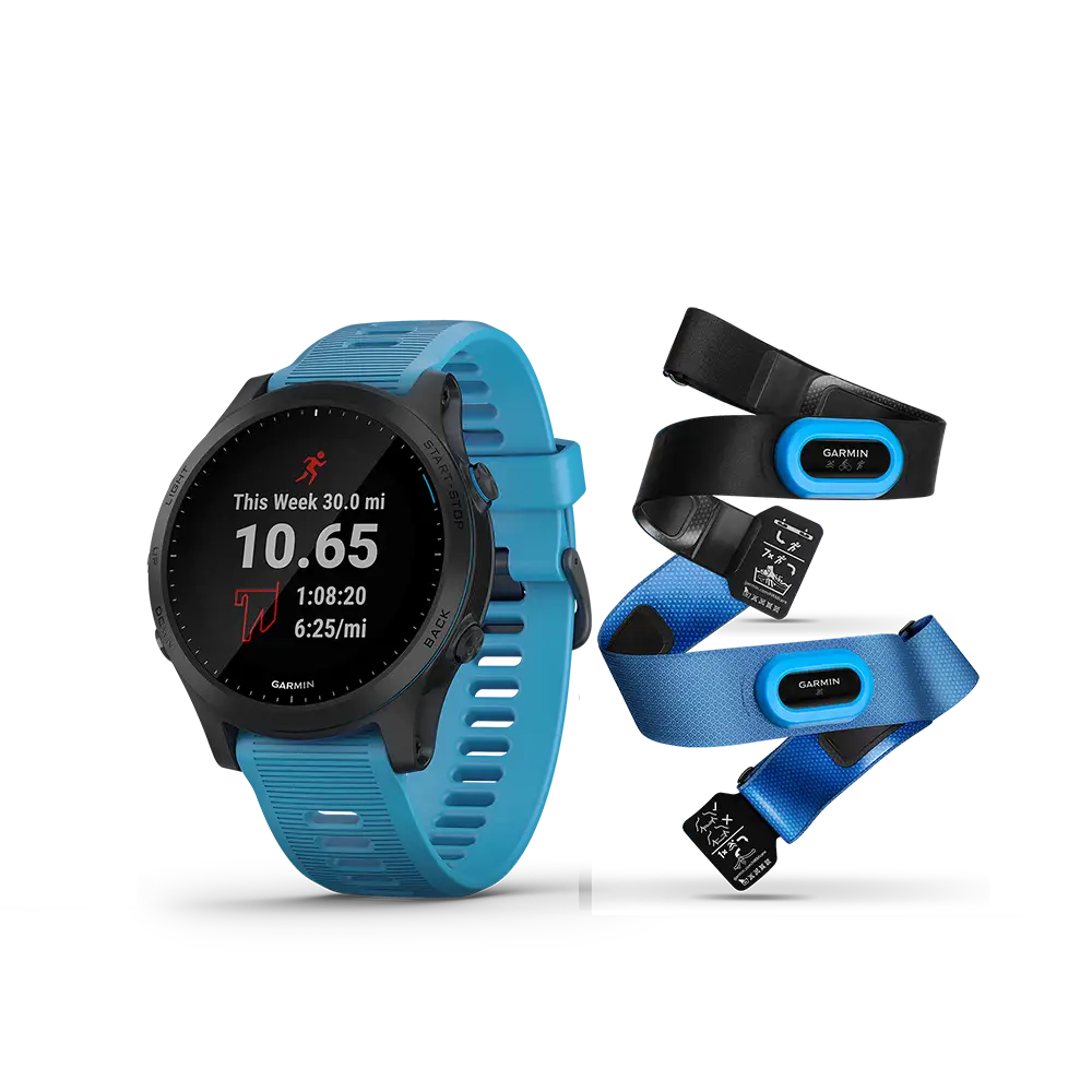 Garmin Forerunner 945 in blue with hear rate monitors