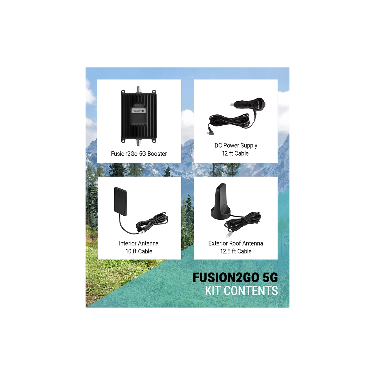 Fusion2Go 5G Vehicle Cell Signal Booster package contents
