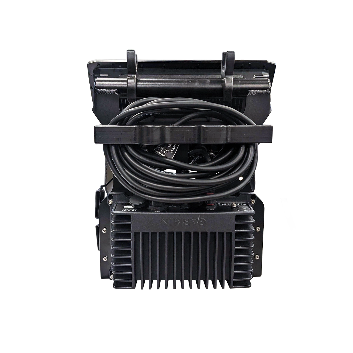Rear view of Garmin ECHOMAP 126sv, LiveScope LVS34 transducer, ArcLab shuttle ice fishing bundle