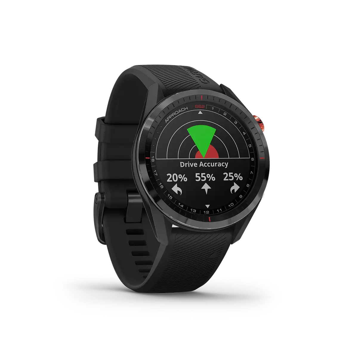 Garmin Approach S62 in black right angled with drive accuracy screen