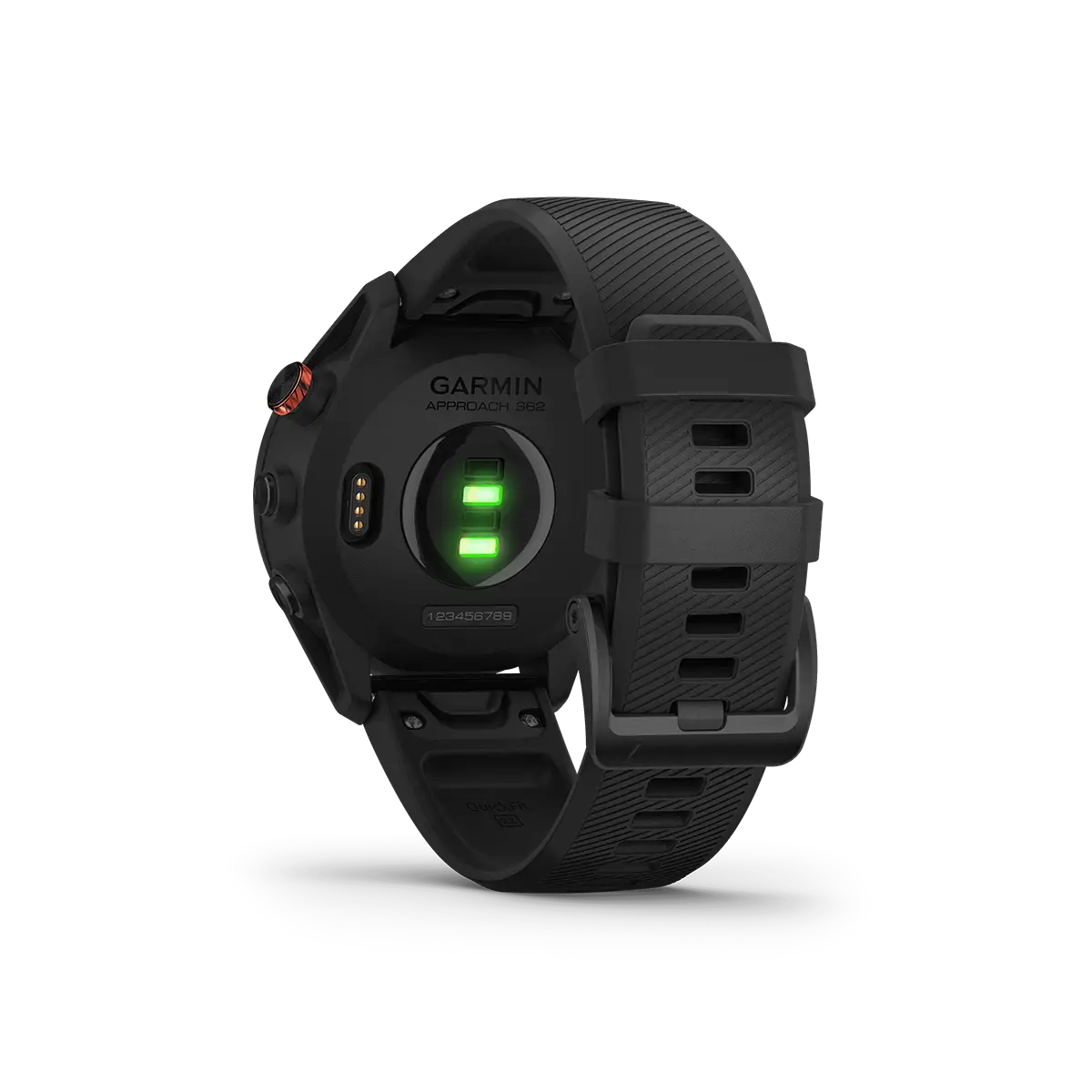 Garmin Approach S62 in black with back view and heart rate monitor