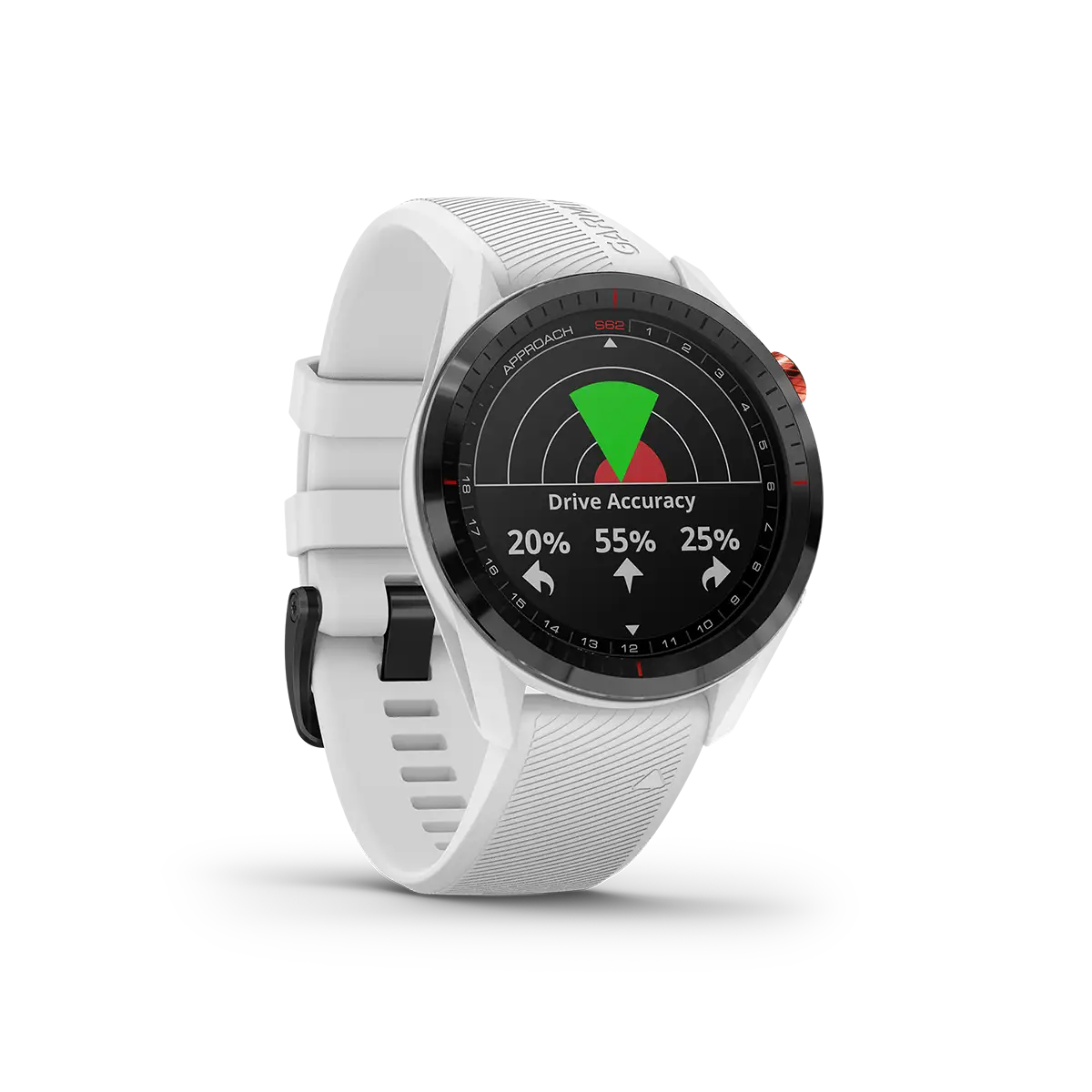 Garmin Approach S62 in white right angled with drive accuracy screen