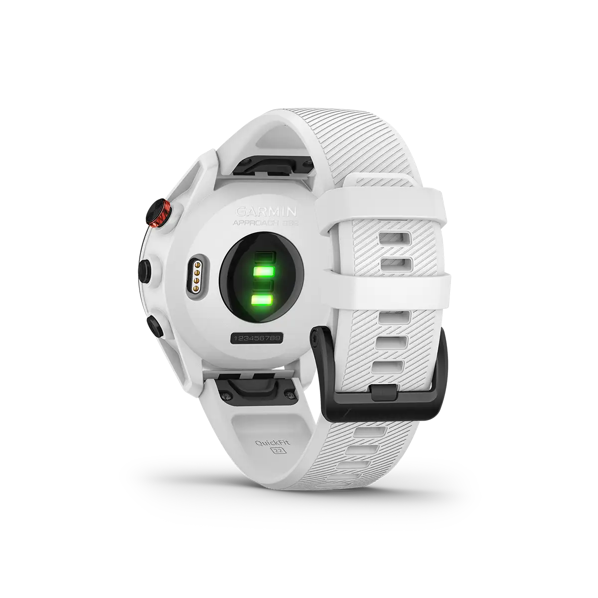 Garmin Approach S62 in white back view with heart rate monitor
