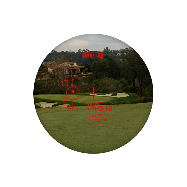 Garmin Z30 rangefinder viewfinder view with golf green measurements