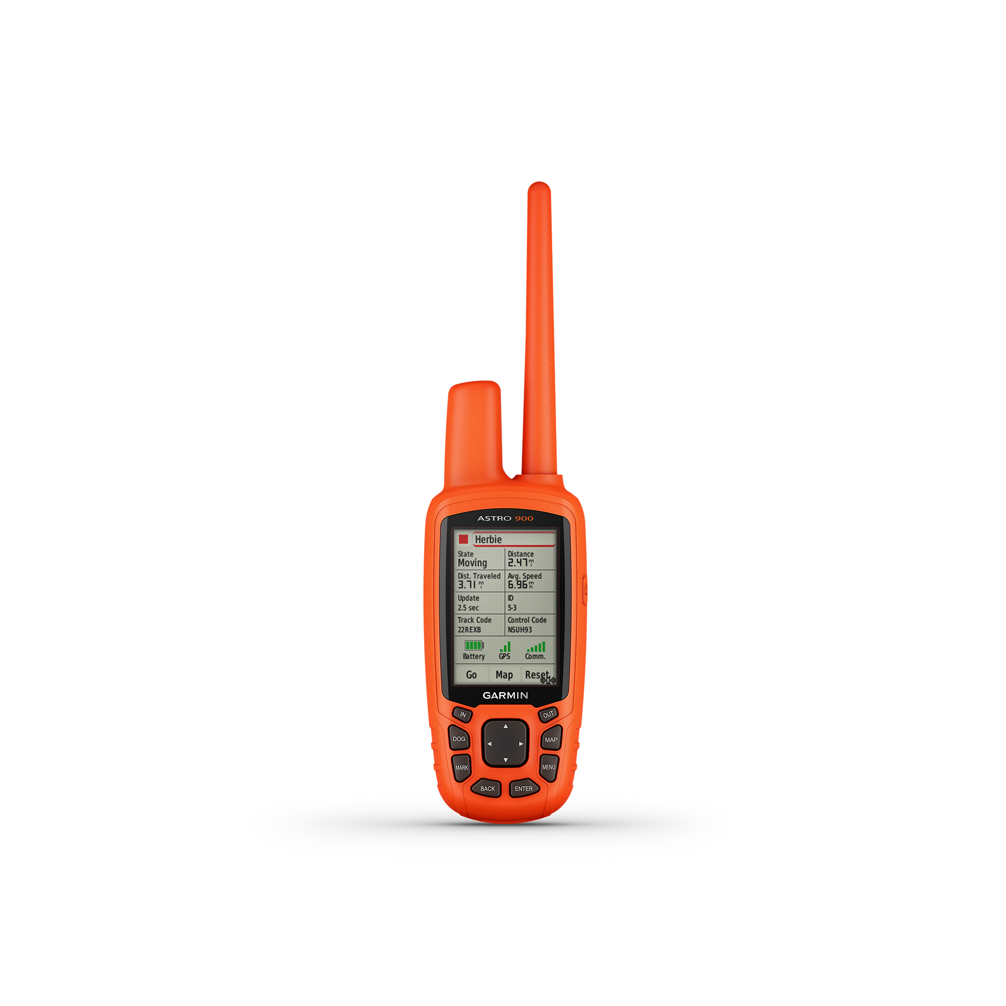 Garmin Astro 900 dog GPS tracker handheld device front view with analytics