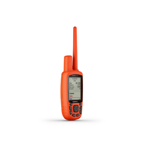 Garmin Astro 900 GPS for dogs handheld device side view showing distance stats