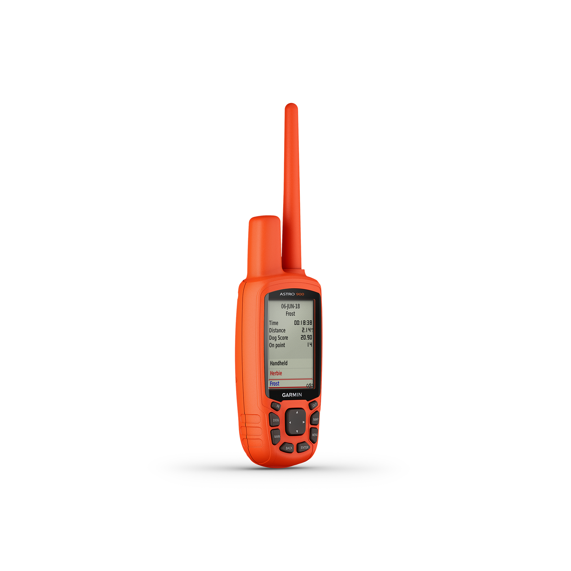 Garmin Astro 900 GPS for dogs handheld device side view showing distance stats