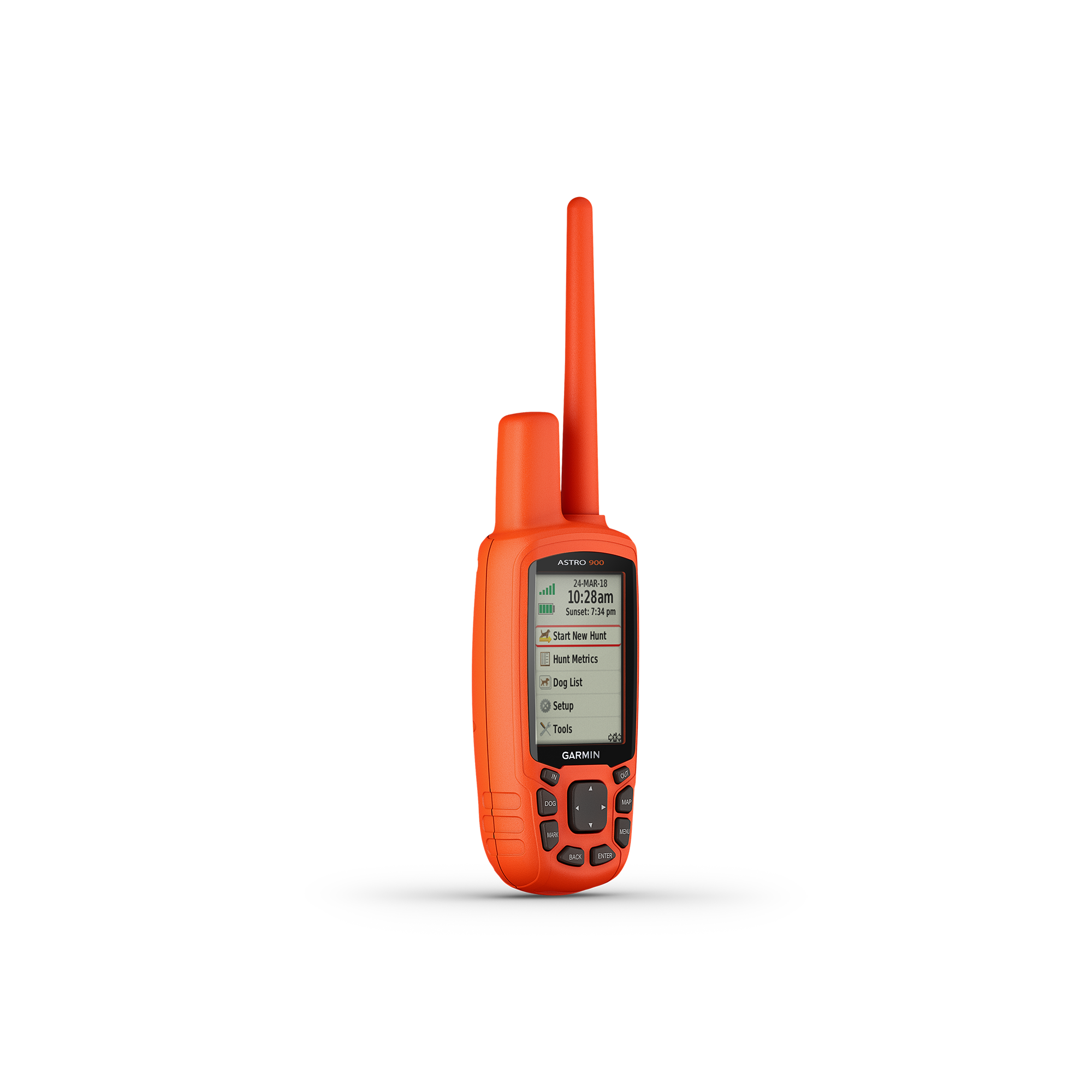 Garmin Astro 900 GPS tracker for dogs handheld device showing Garmin HuntView screen