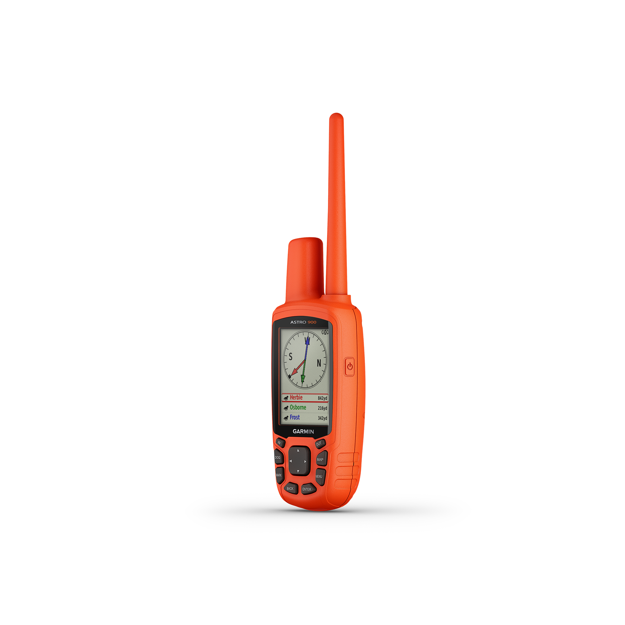 Garmin Astro 900 GPS dog tracker handheld device side view showing compass for tracking multiple dogs