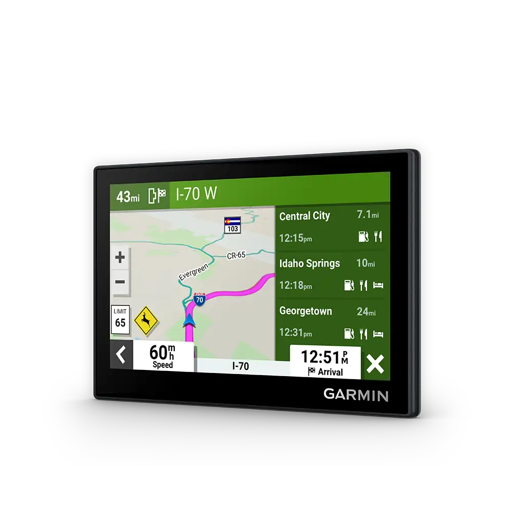 Garmin Drive 53 angled left with exit POIs on navigation screen