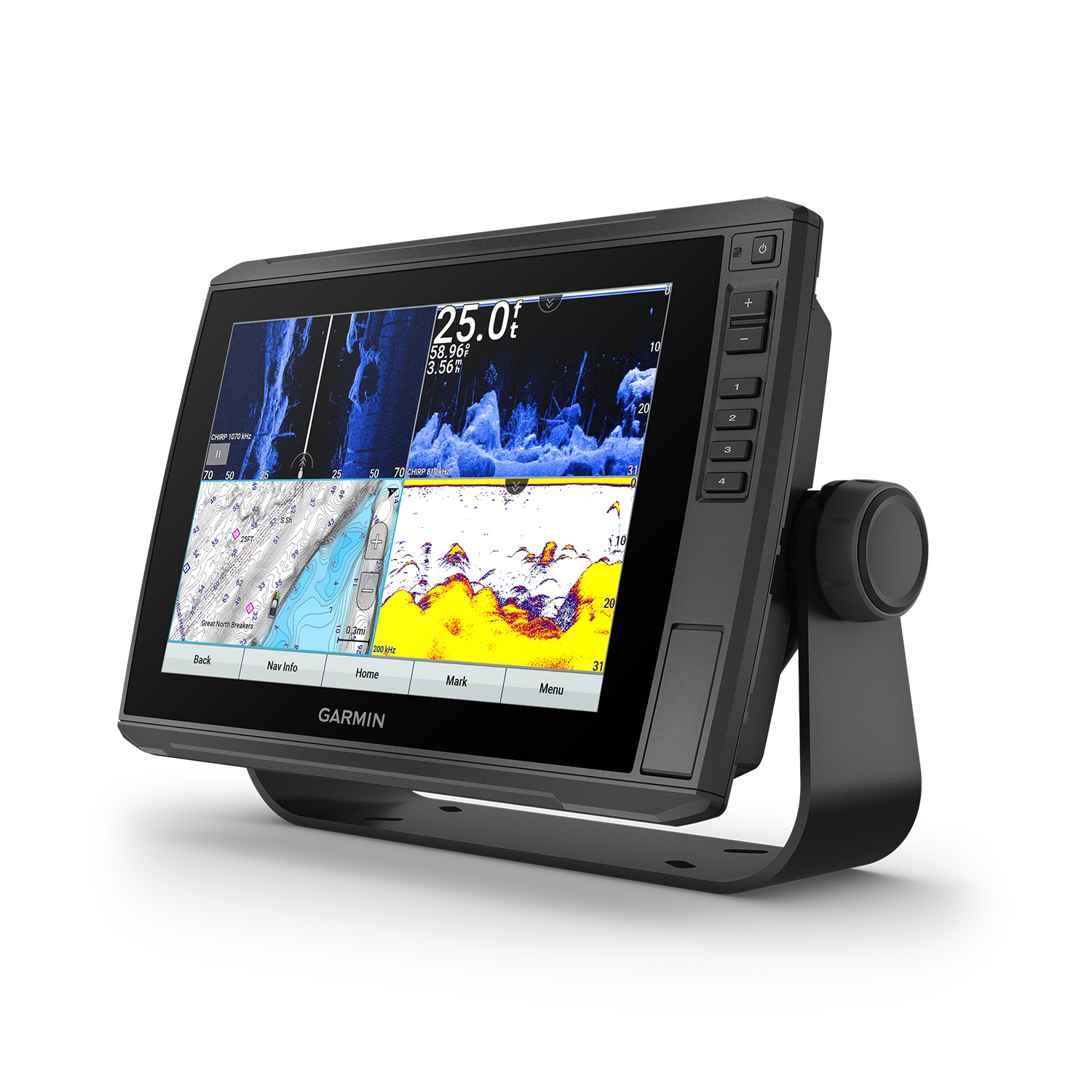 Garmin ECHOMAP Ultra 106sv Chartplotters GN+ left angled view of four screen grid