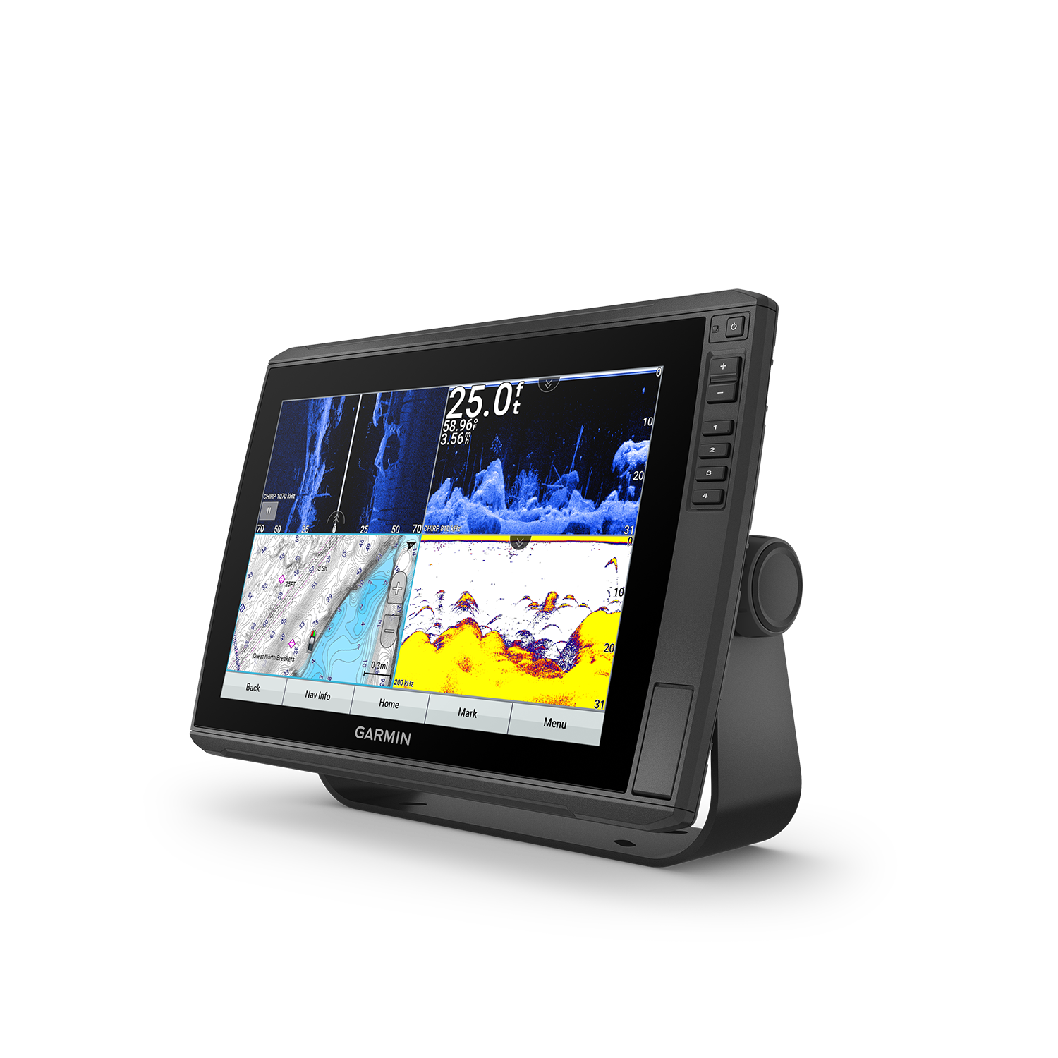 Garmin ECHOMAP Ultra 126sv marine chartplotter GN+ left angled view with four split screen view of sonar, maps