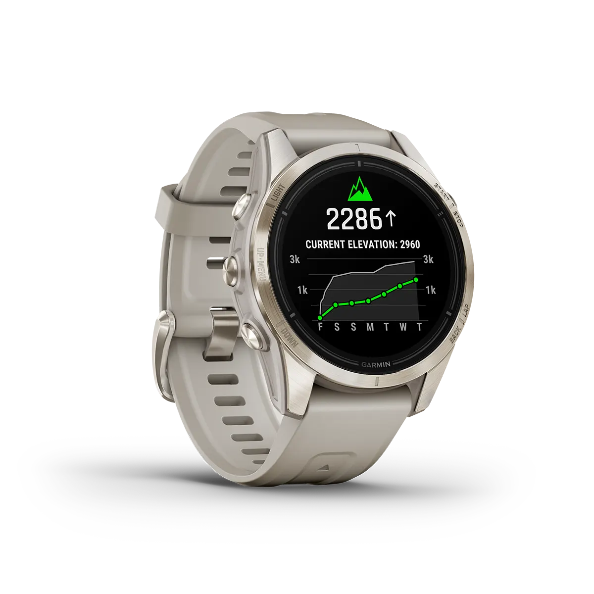 Garmin epix PRO Gen 2 Sapphire in sand right angled elevation display
