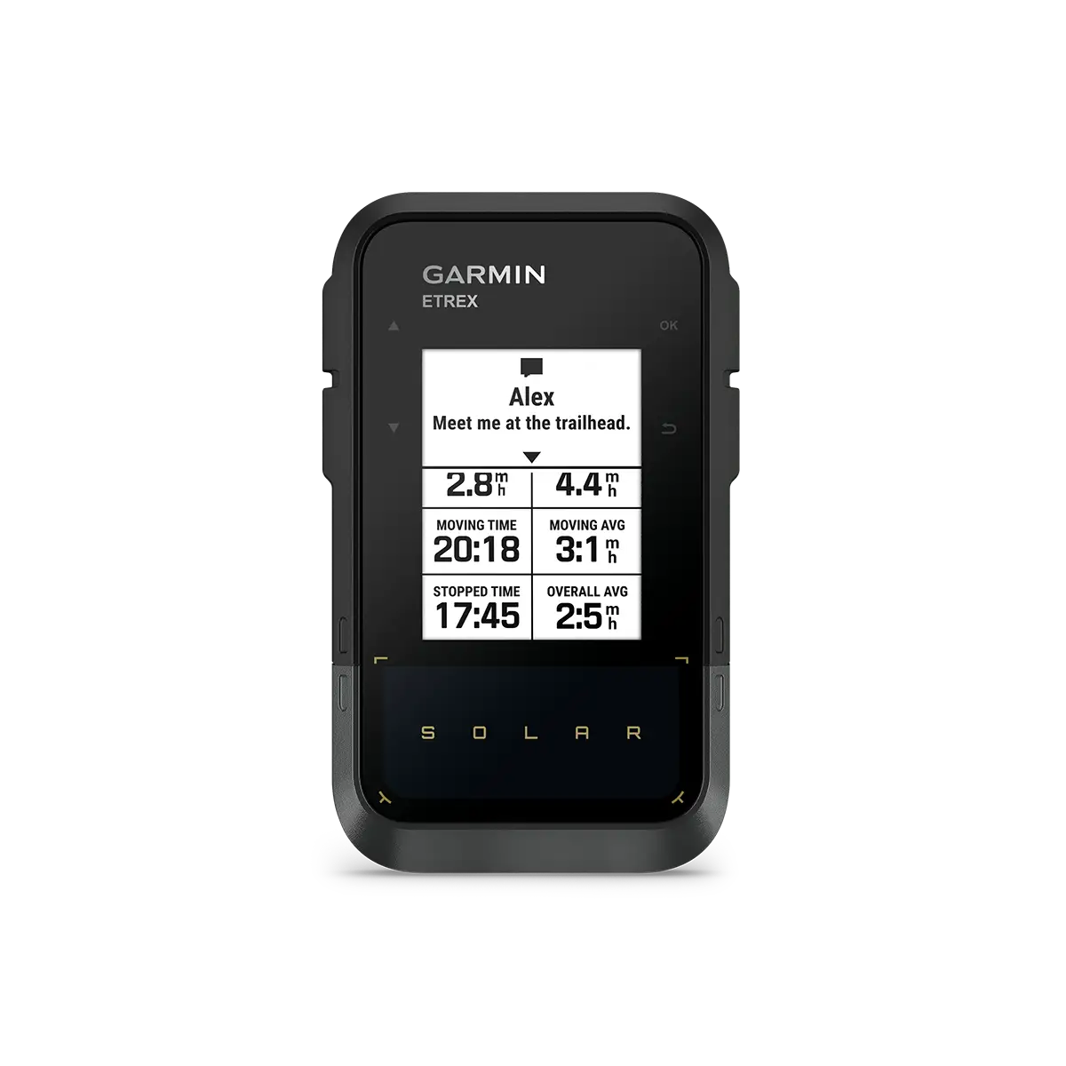Garmin eTrex Solar GPS handheld messaging, hiking GPS tracking, and more data