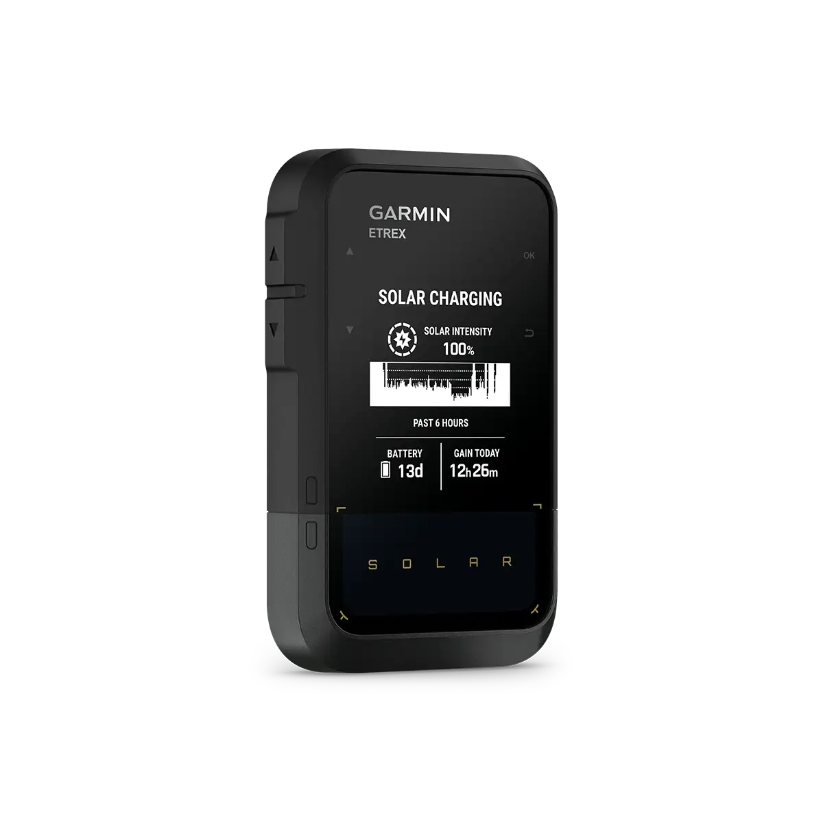 Garmin eTrex Solar angled view of solar charging, solar intensity and battery life