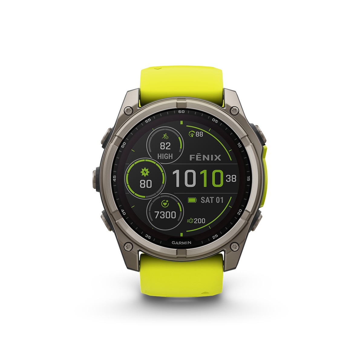 Garmin fēnix 8 solar 51mm titanium and yellow front view