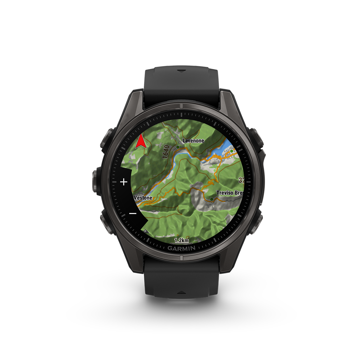 Garmin fenix 8 43mm carbon black topo map relief shading in metric
