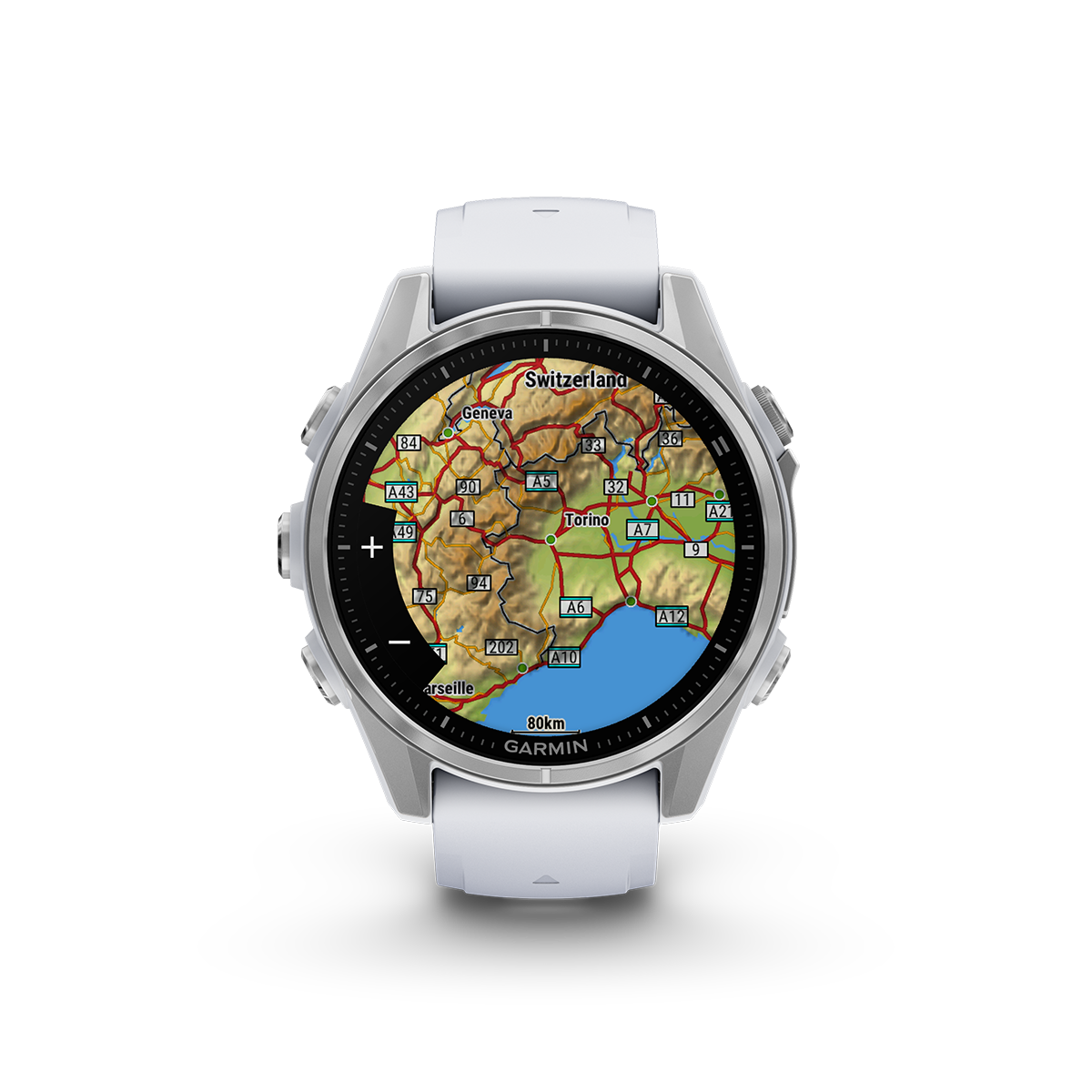 Garmin fenix 8 43mm silver contour shading map in metric