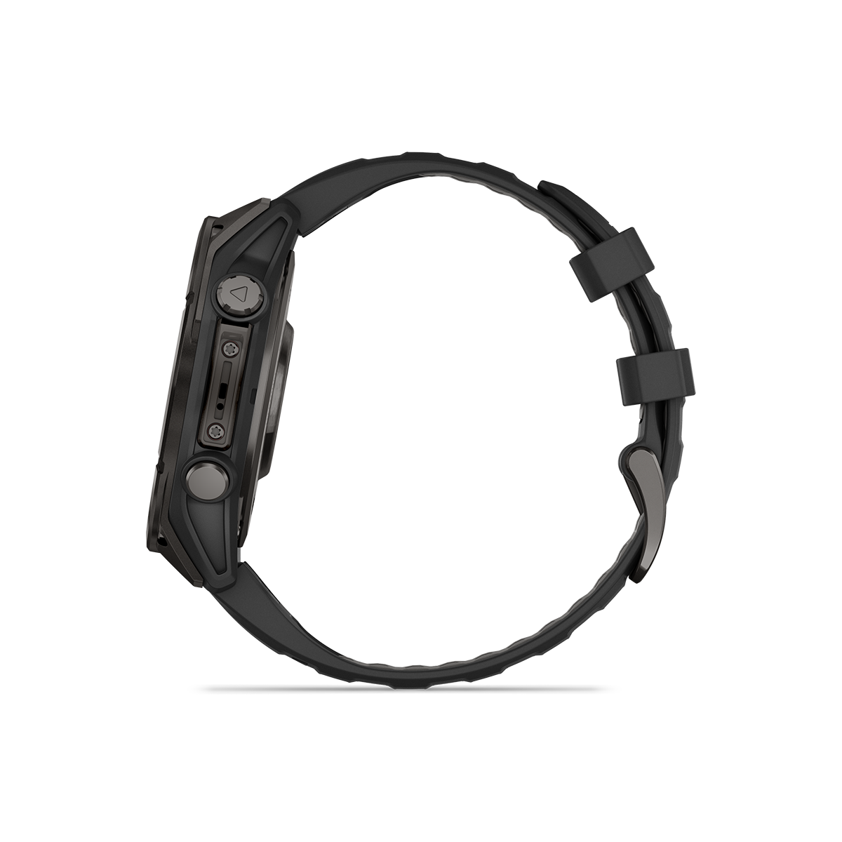 Garmin fēnix 8 47mm AMOLED smartwatch left side in Sapphire, Carbon Gray DLC Titanium showing controls
