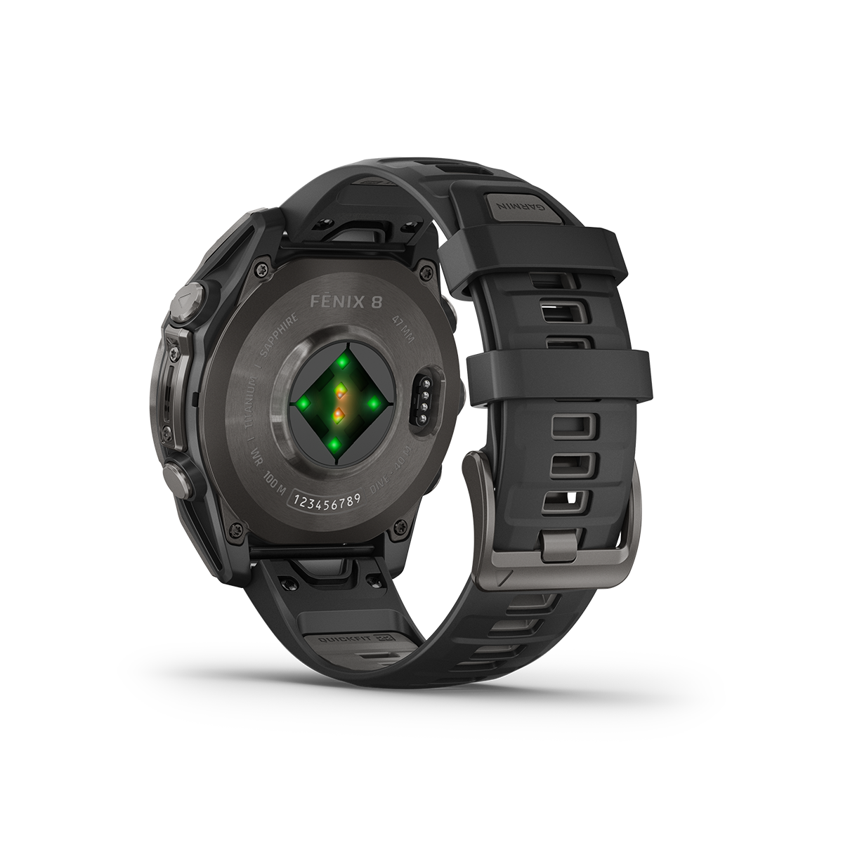 Rear view of Garmin fēnix 8 47mm AMOLED watch in Sapphire, Carbon Gray DLC Titanium showing sensors
