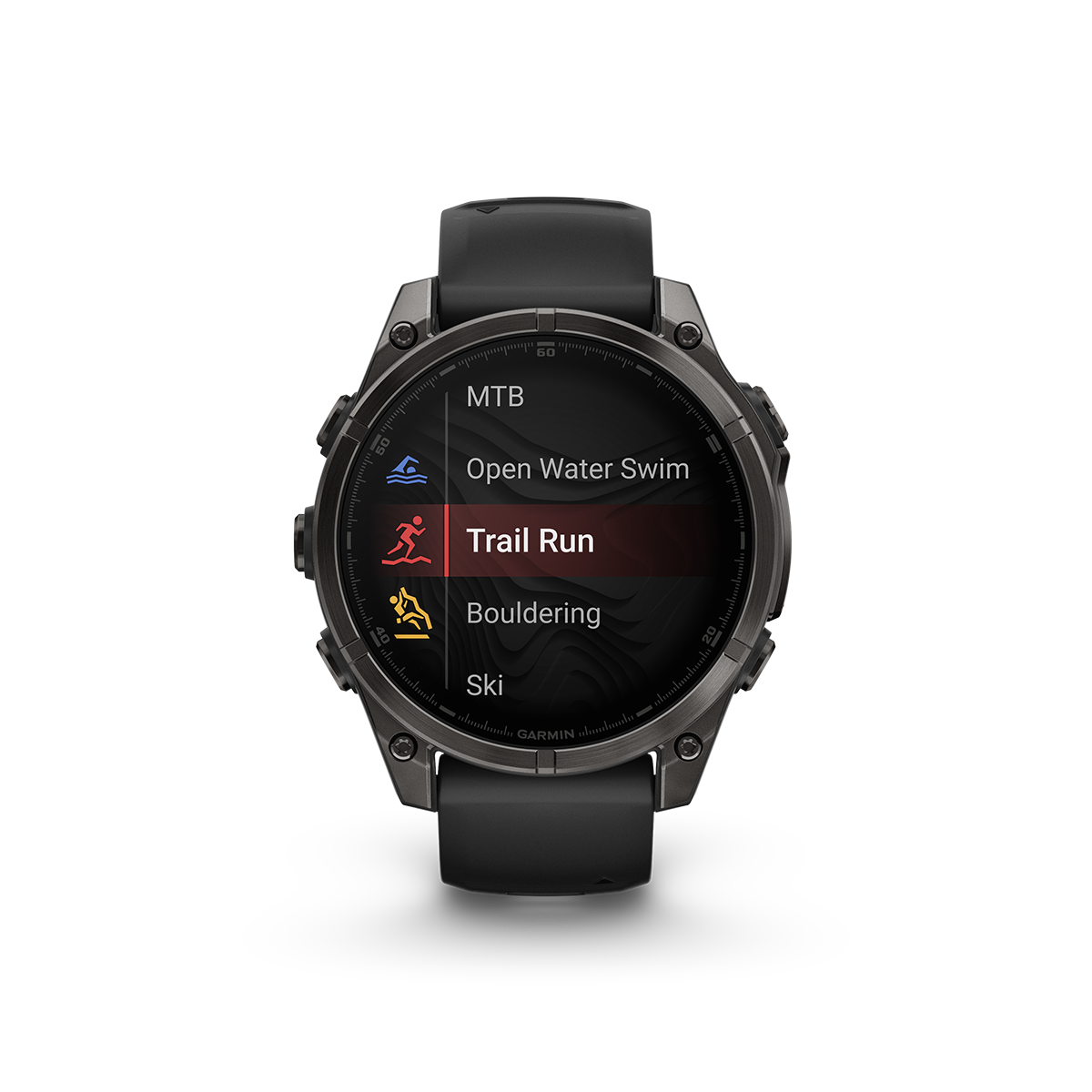 Garmin fēnix 8 47mm AMOLED watch in Sapphire, Carbon Gray DLC Titanium with black band showing exercise activity list