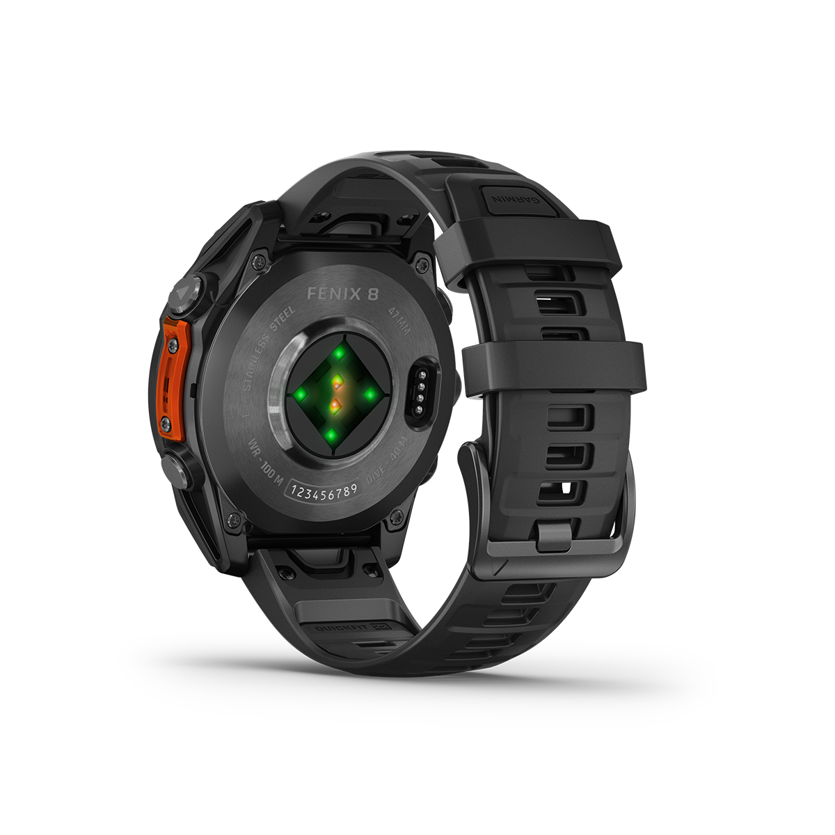Rear view of Garmin fēnix 8 47mm AMOLED watch in Slate Gray showing sensors