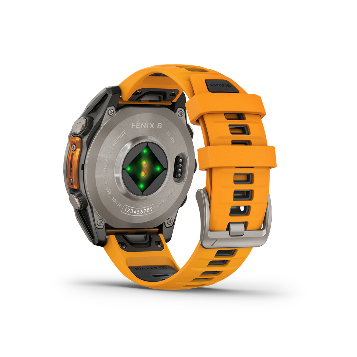 Rear view of Garmin fēnix 8 47mm AMOLED watch in sapphire titanium with orange showing sensors