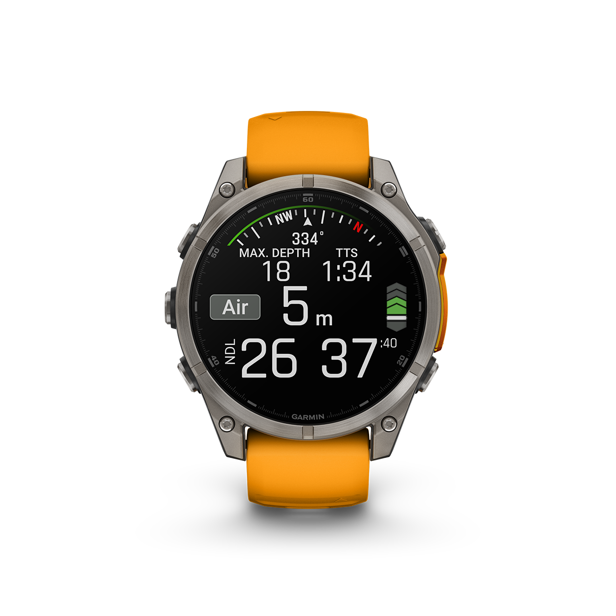 Garmin fēnix 8 47mm AMOLED watch in sapphire titanium with orange dive mode for scuba diving
