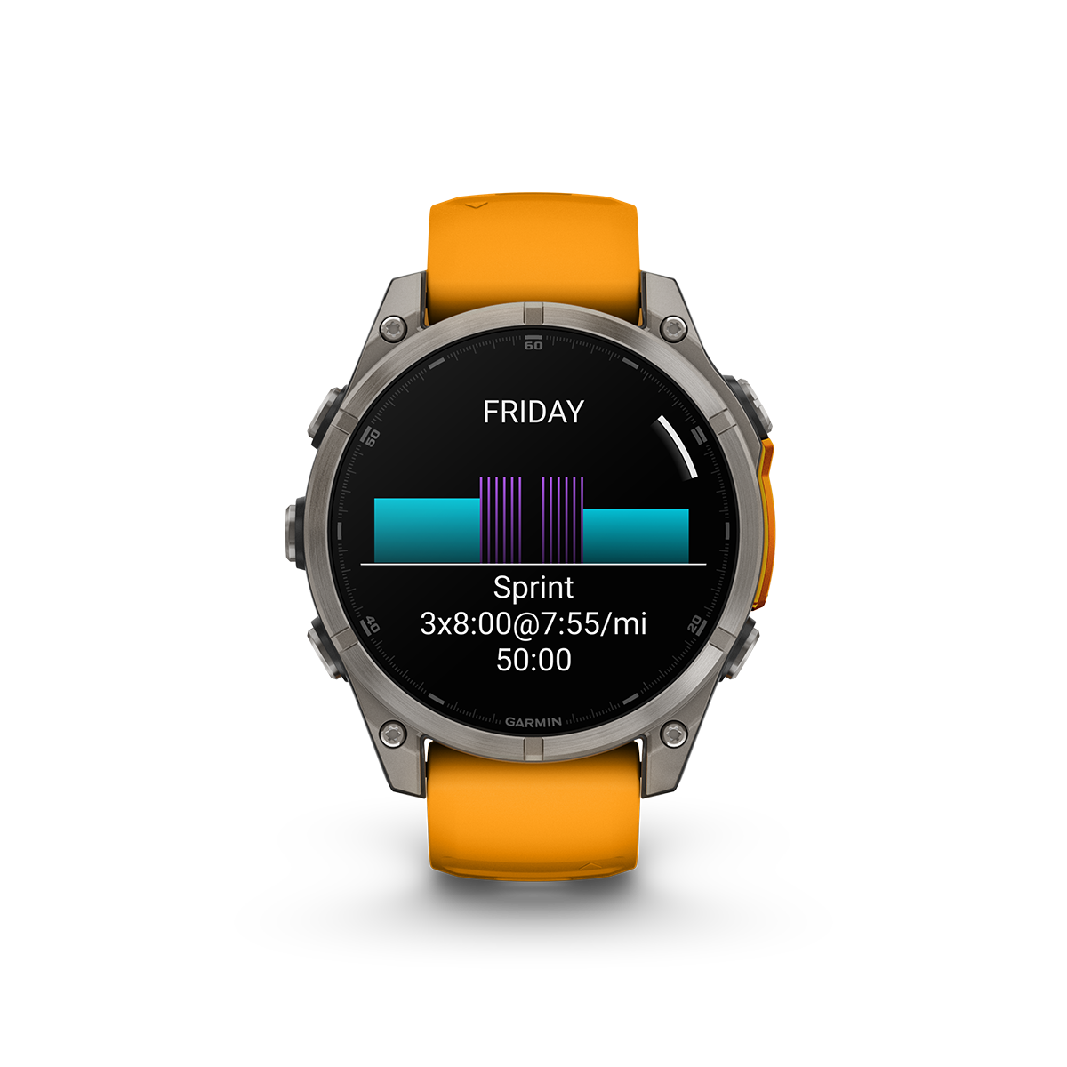 Garmin fēnix 8 47mm AMOLED smartwatch in sapphire titanium with orange band showing sprint training screen