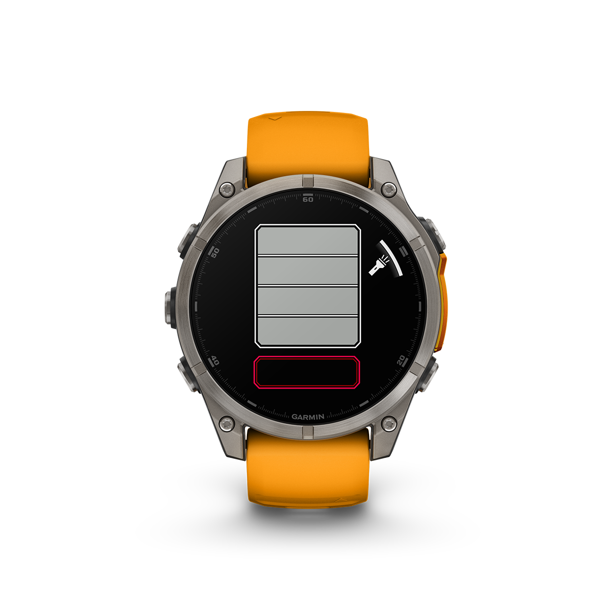 Garmin fēnix 8 47mm AMOLED smartwatch in sapphire titanium with orange band showing flashlight feature