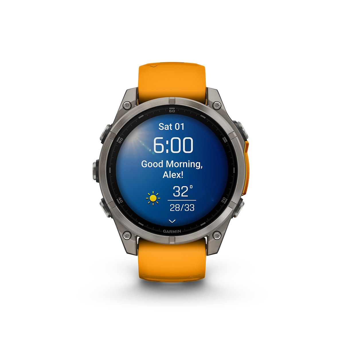 Garmin fēnix 8 AMOLED smartwatch in sapphire titanium with orange band showing morning report screen
