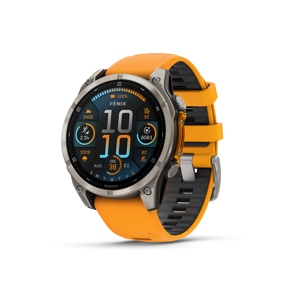 Garmin fēnix 8 47mm AMOLED smartwatch in sapphire titanium with orange fitness stats