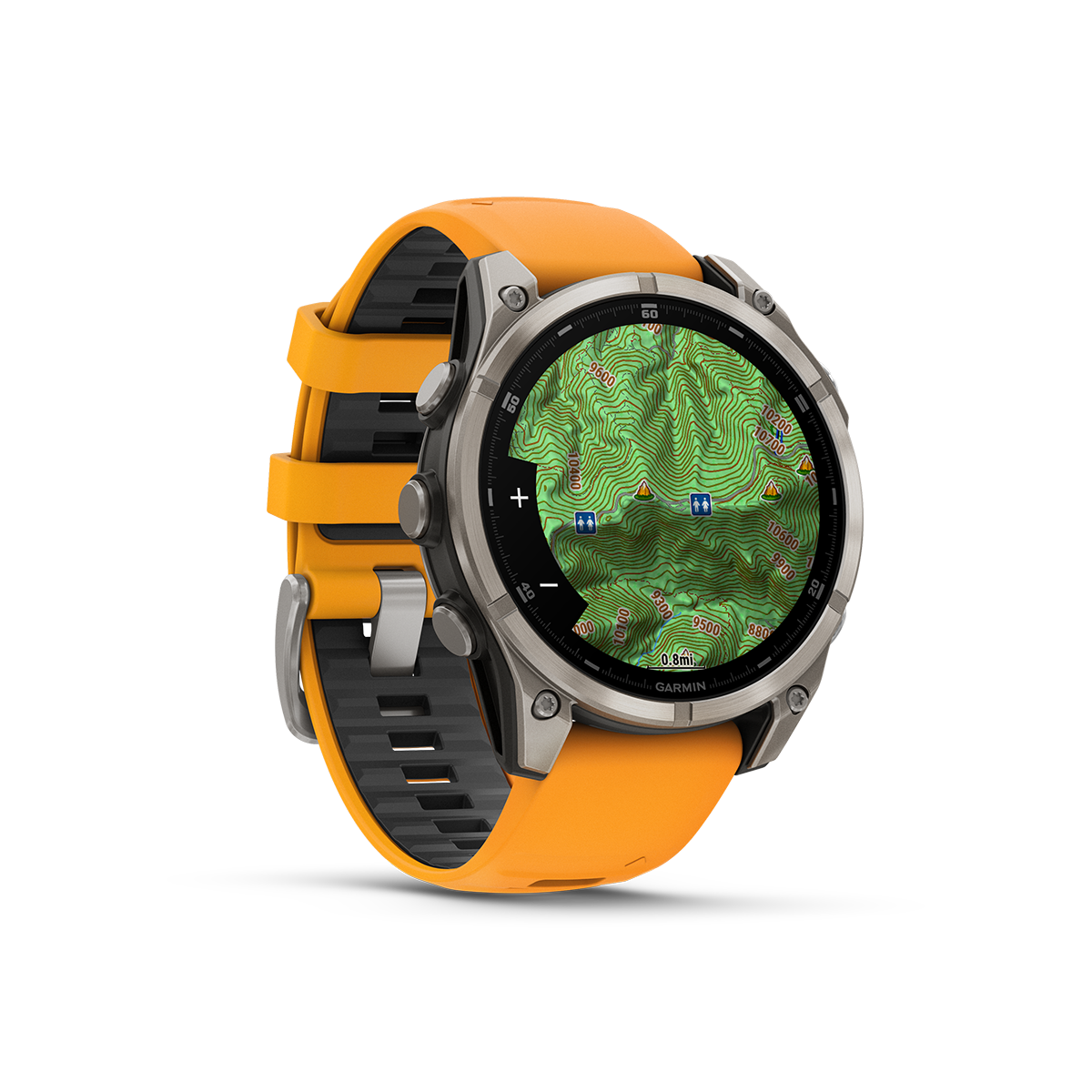 Angled view of Garmin fēnix 8 AMOLED watch in sapphire titanium with orange with TopoActive maps topographical maps metric