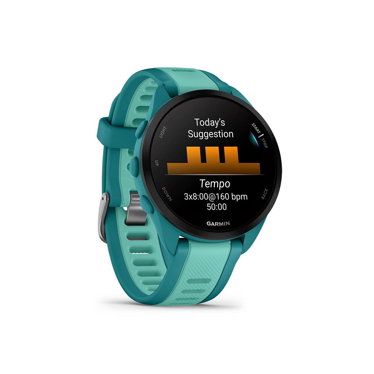 Garmin Forerunner 165 in aqua right-angled view with today’s suggestion screen