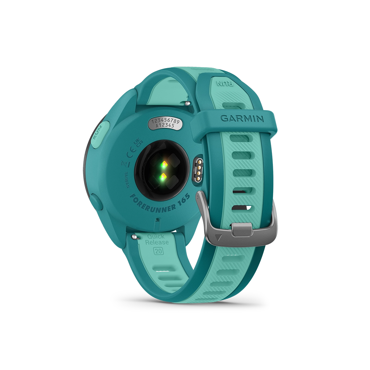 Garmin Forerunner 165 sport watch in aqua back view showing sensor