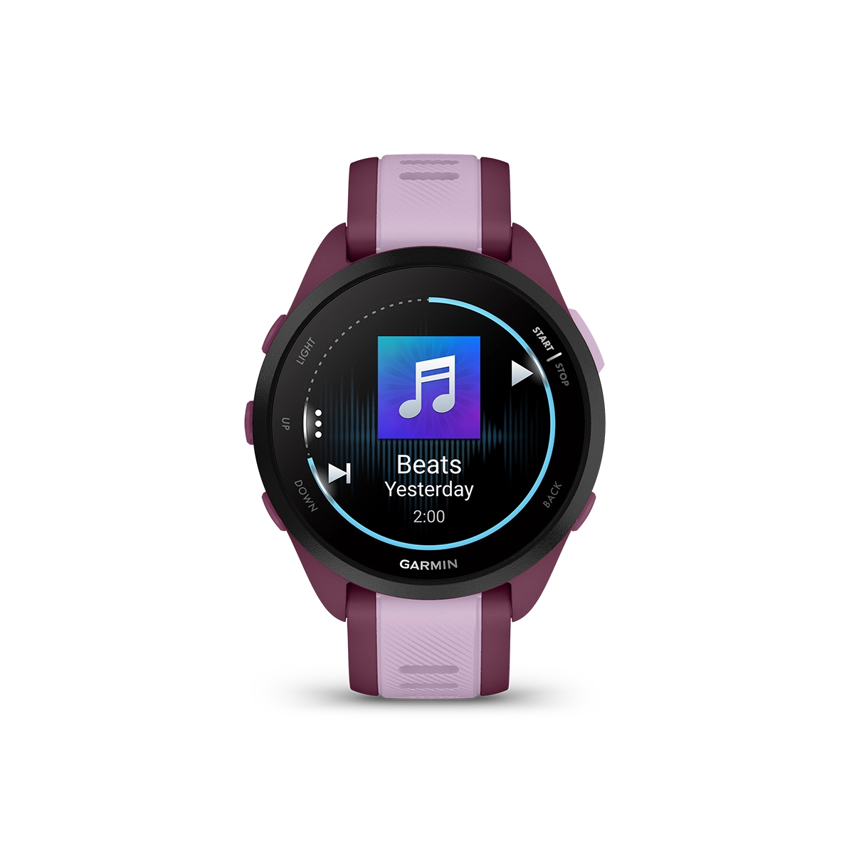 Garmin Forerunner 165 music watch in berry with music display screen