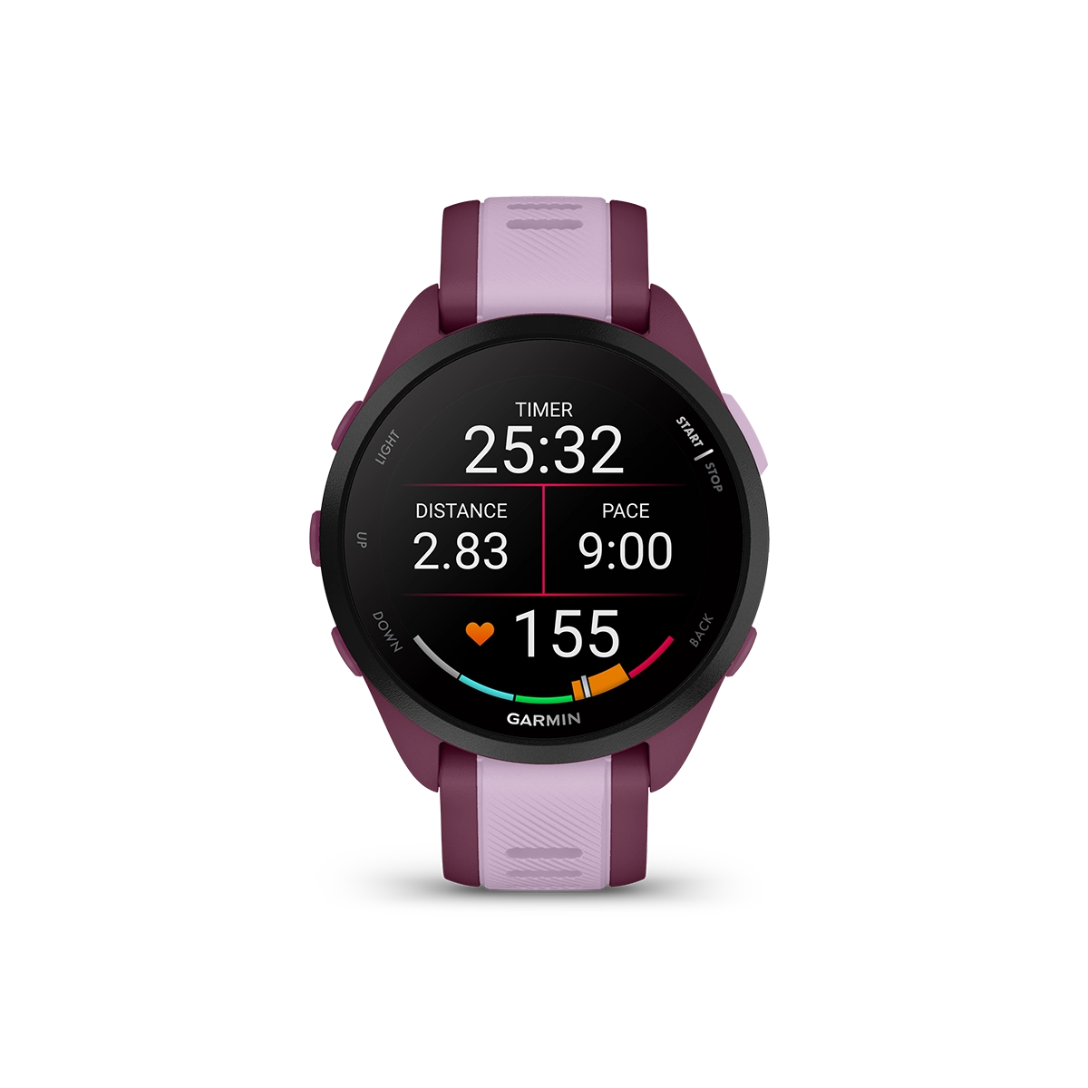 Garmin Forerunner 165 music watch with berry pink band displaying running data screen