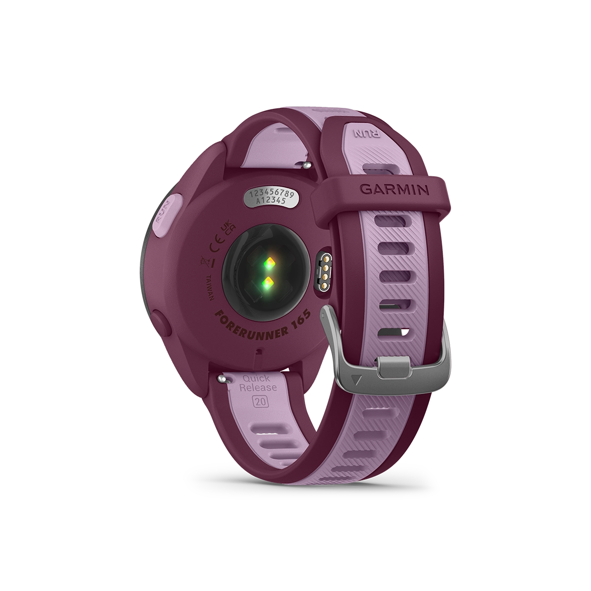Garmin Forerunner 165 sport watch in berry back view showing sensor