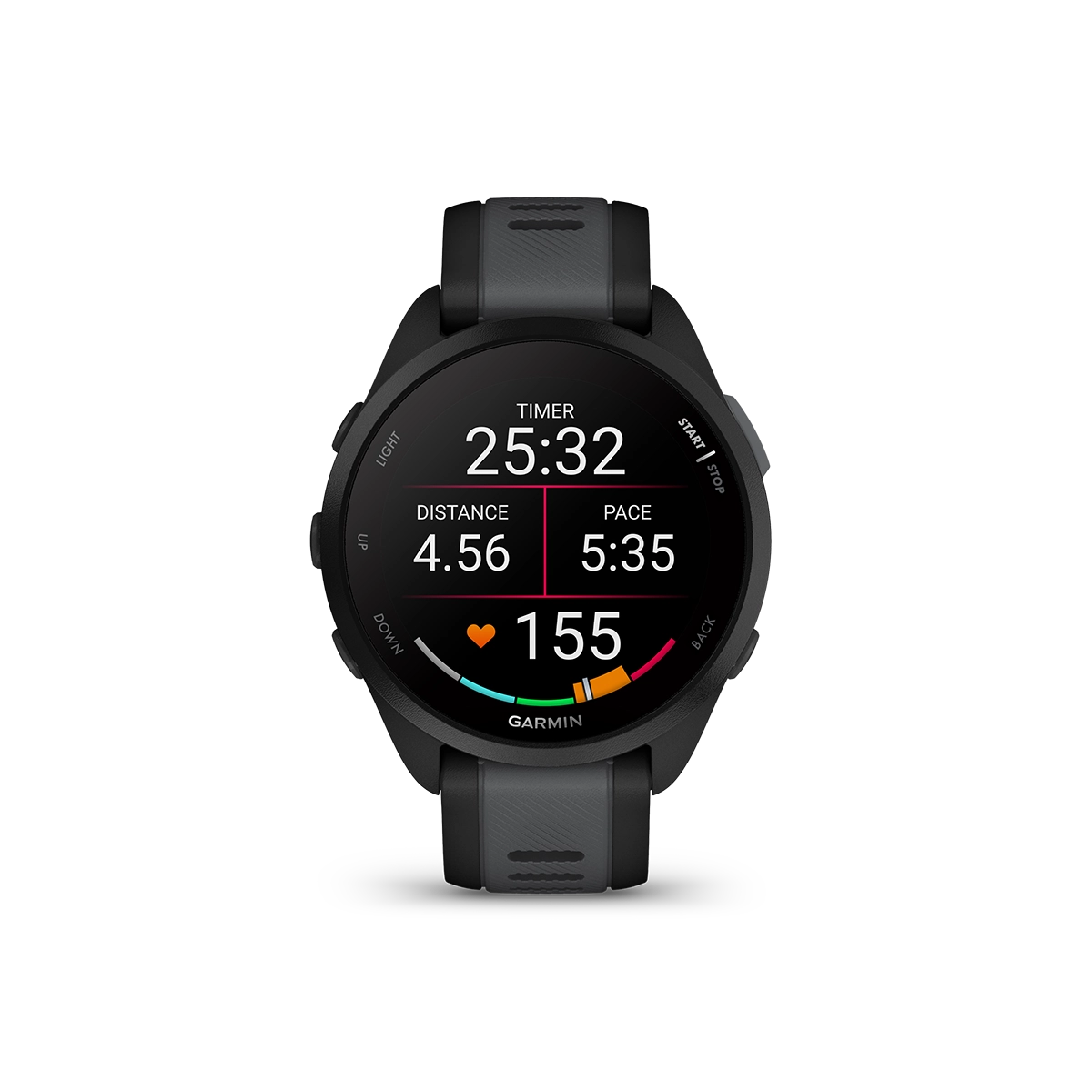 Garmin Forerunner 165 music watch with black band displaying running data screen