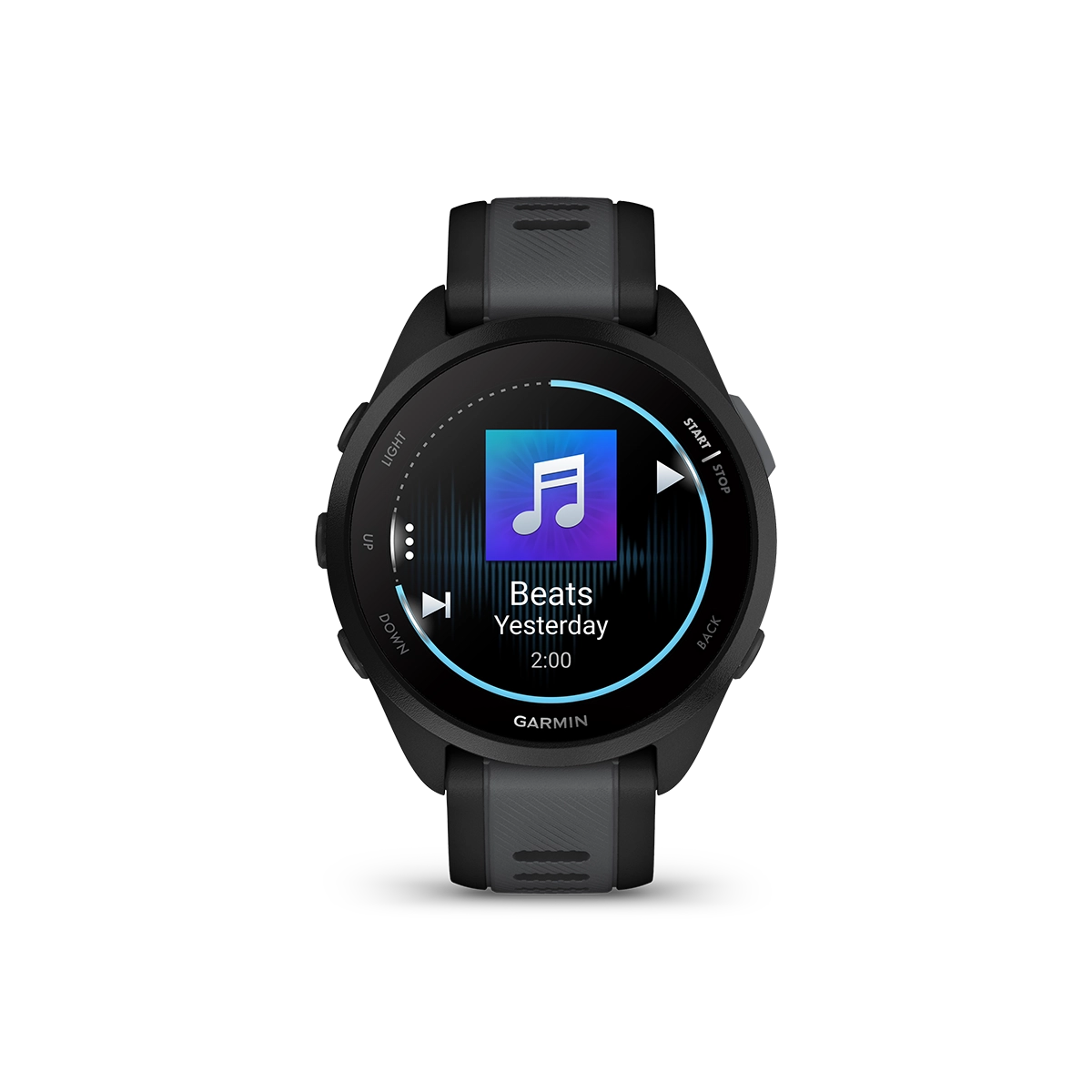 Garmin Forerunner 165 music watch in black with music display screen