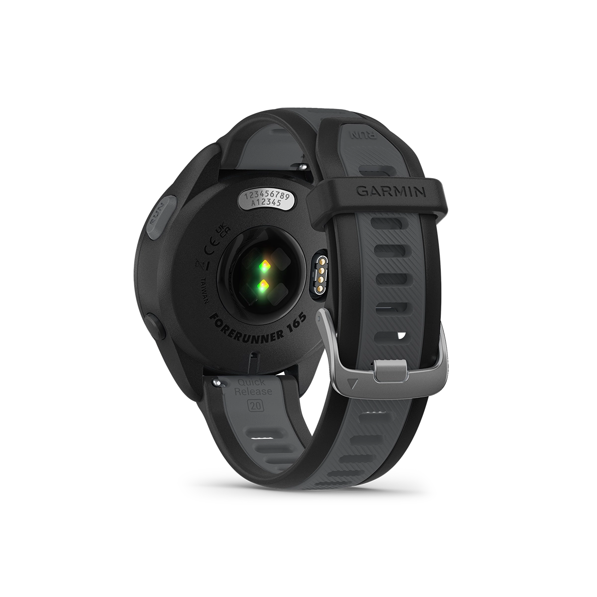 Garmin Forerunner 165 sport watch in black back view showing sensor