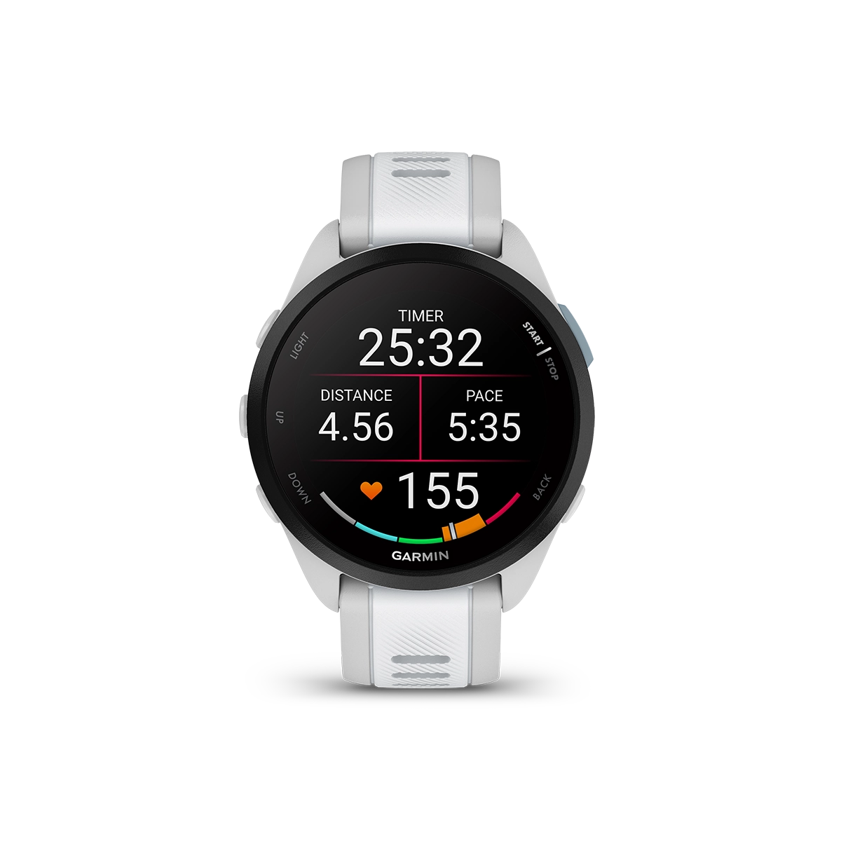 Garmin Forerunner 165 music watch with white band displaying running data screen