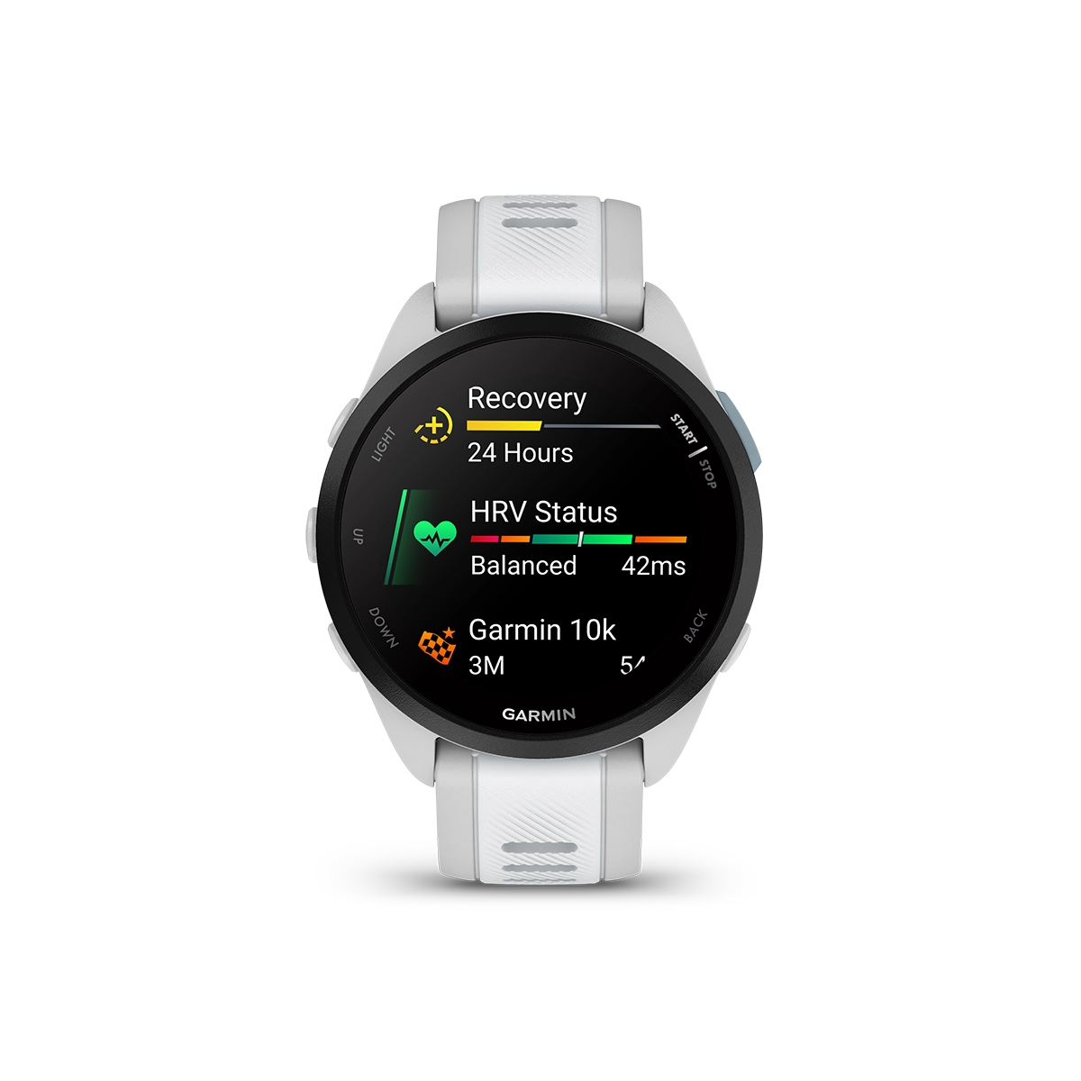 Garmin Forerunner 165 in white glances screen