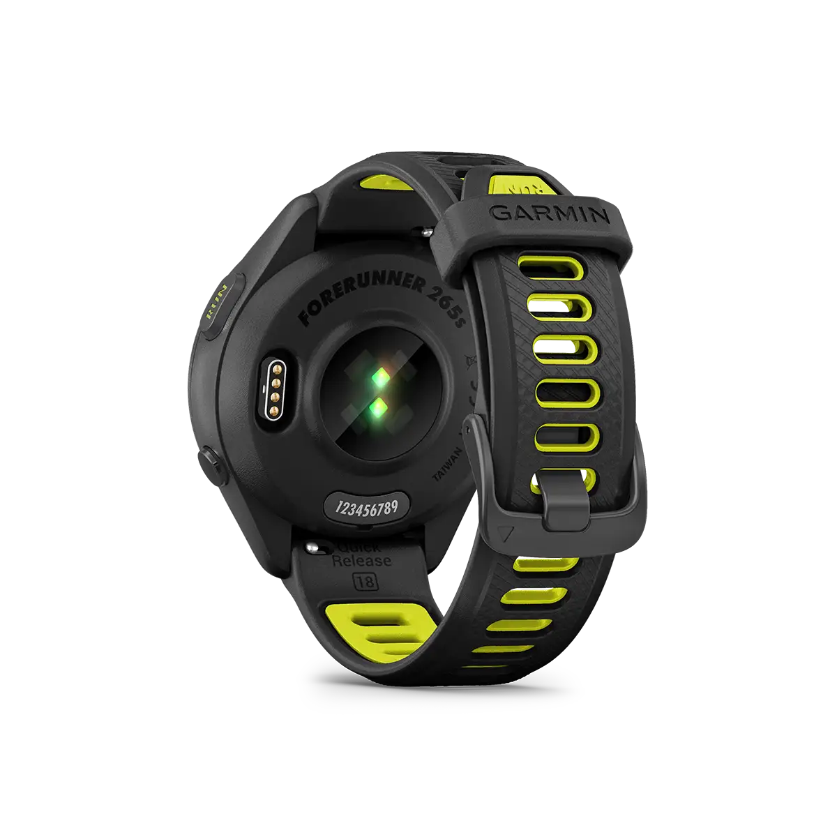 Garmin Forerunner 265S in black back view with heart rate monitor